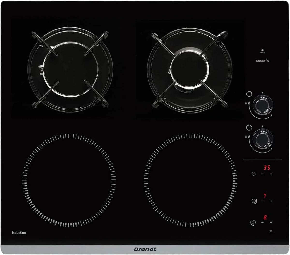 Brandt BPI6413BM plaque induction/gaz, 4 foyers, 3400W/4600W, encastrable 56x49cm