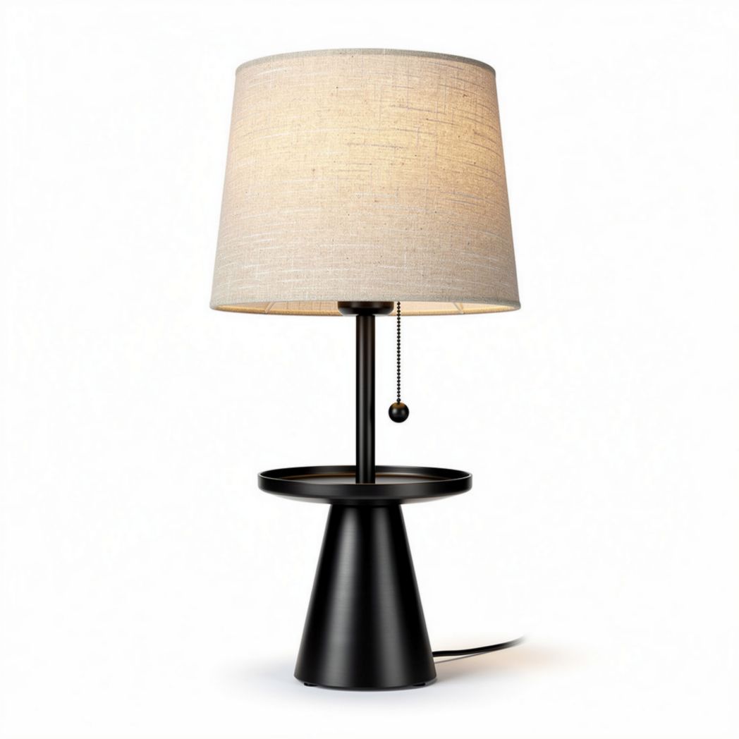 Lampe de table en métal noir avec abat-jour en lin naturel et étagère intégrée 30 x 20 x 50cm
