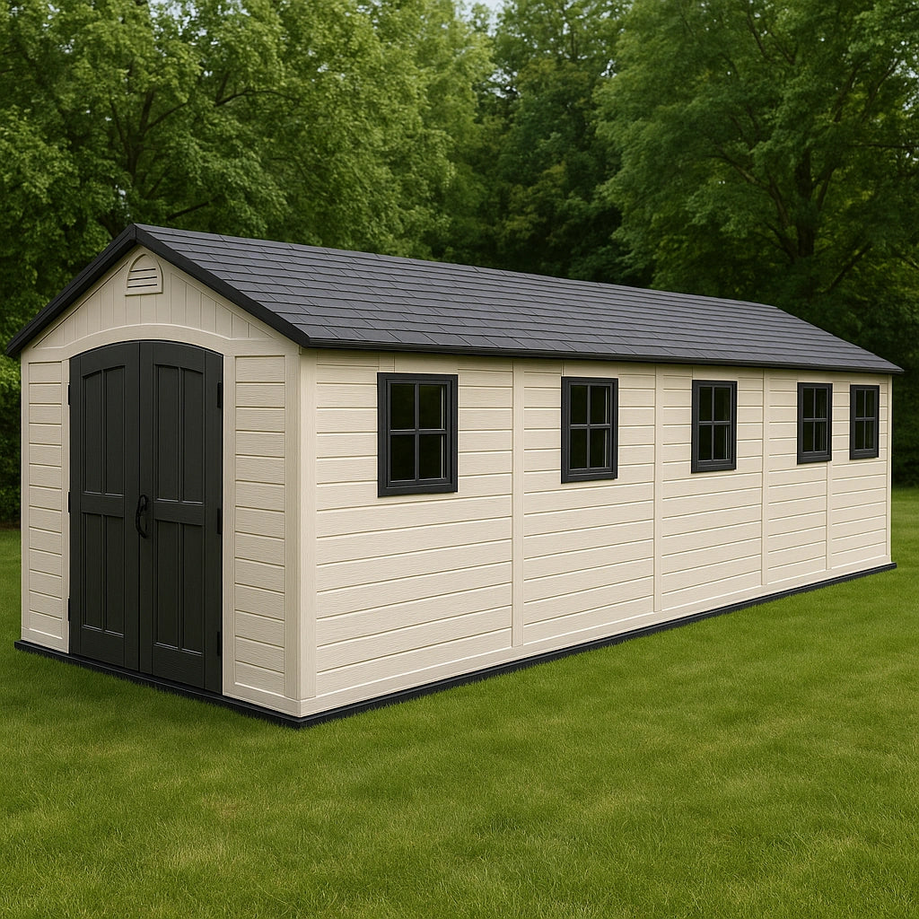 Abri de jardin resine 570x250x230cm beige toit noir double porte et 6 fenêtres pour entreposage de grande capacité(Beige/Noir)