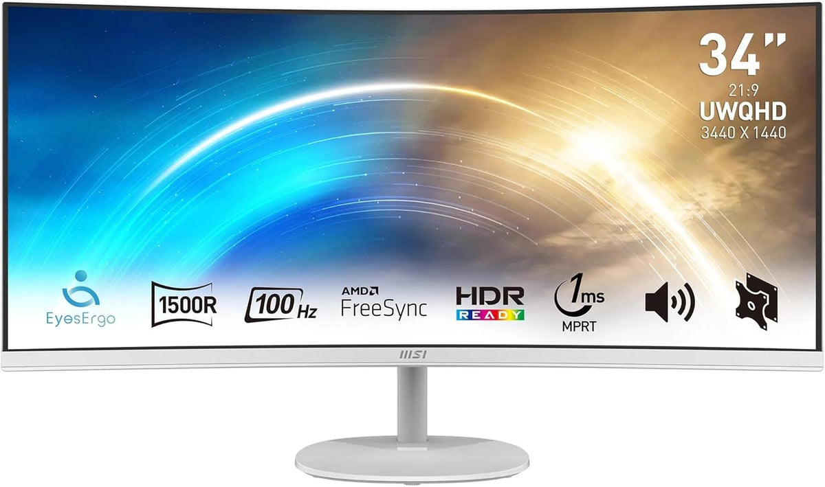 MSI Pro MP341CQW Écran Bureautique Incurvé 34 UWQHD - Dalle VA 1500R, 3440x1440, 100Hz, Confort Oculaire, Contraste 3000:1, 21:9, Haut-Parleurs Intégrés, DP 1.2a, HDMI 2.0b - Blanc(Blanc)