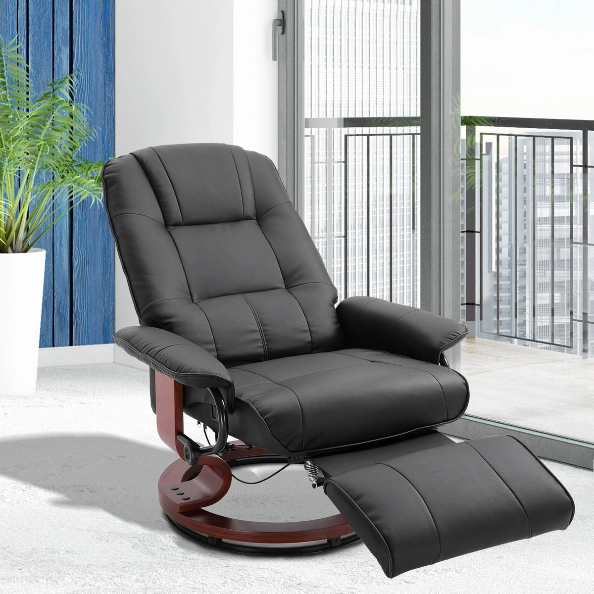 HomCom Faux Leather Adjustable Manual Swivel Base Recliner Chair with Comfortable and Relaxing Footrest(Black)