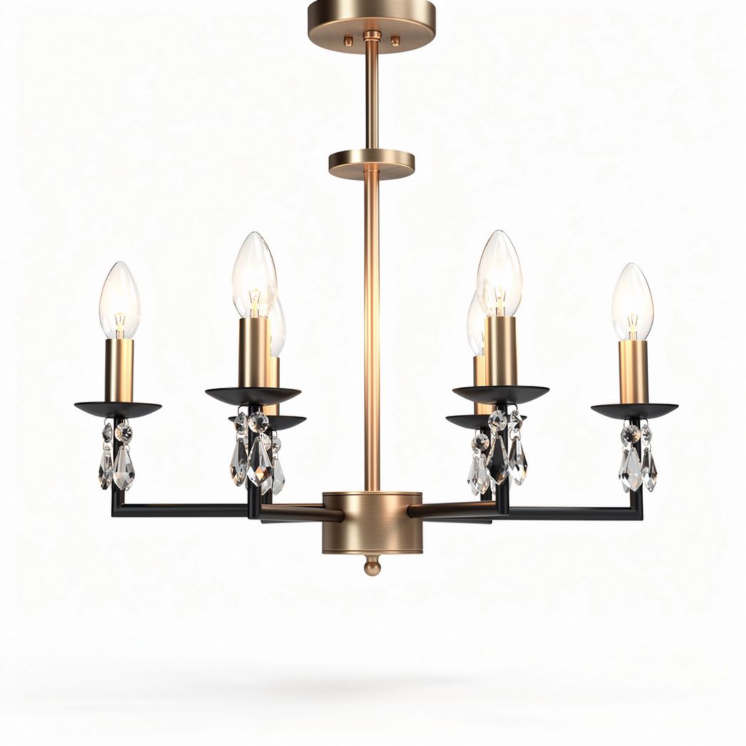 Suspension en métal noir et doré avec quatre bras et abat-jours en verre transparent 45 x 45 x 30cm