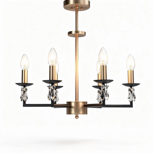 Suspension en métal noir et doré avec quatre bras et abat-jours en verre transparent 45 x 45 x 30cm