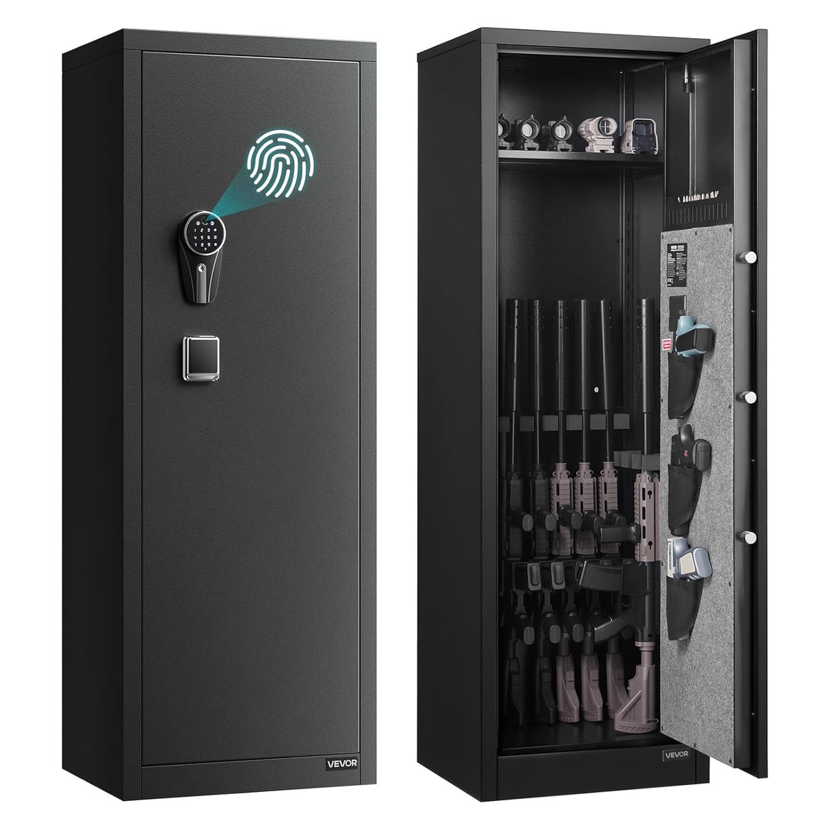 VEVOR Armoire à 8-10 Fusils, Coffre-Fort pour Armes à Feu Verrouillage par Empreinte Digitale et Mot de Passe et Clés, avec 3 Poches pour Pistolets et Supports Réglables, Accès Rapide, pour Domicile(Noir)