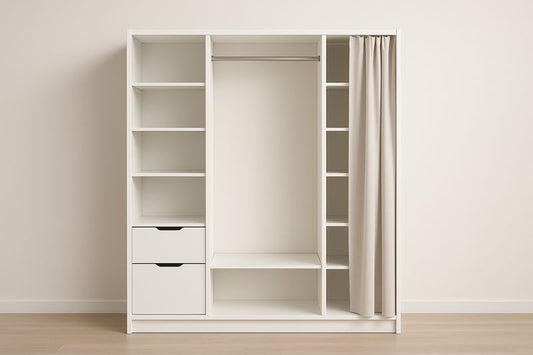 Armoire en panneaux de particules avec rideau intégré, blanc(Blanc/Crème)