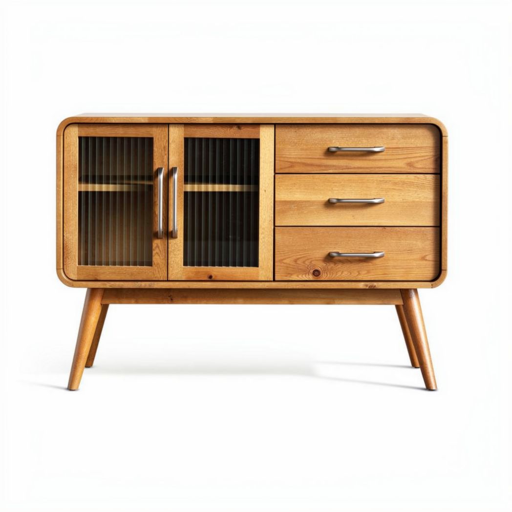 Meuble de rangement en bois naturel avec portes en verre et tiroirs 80 x 40 x 50cm