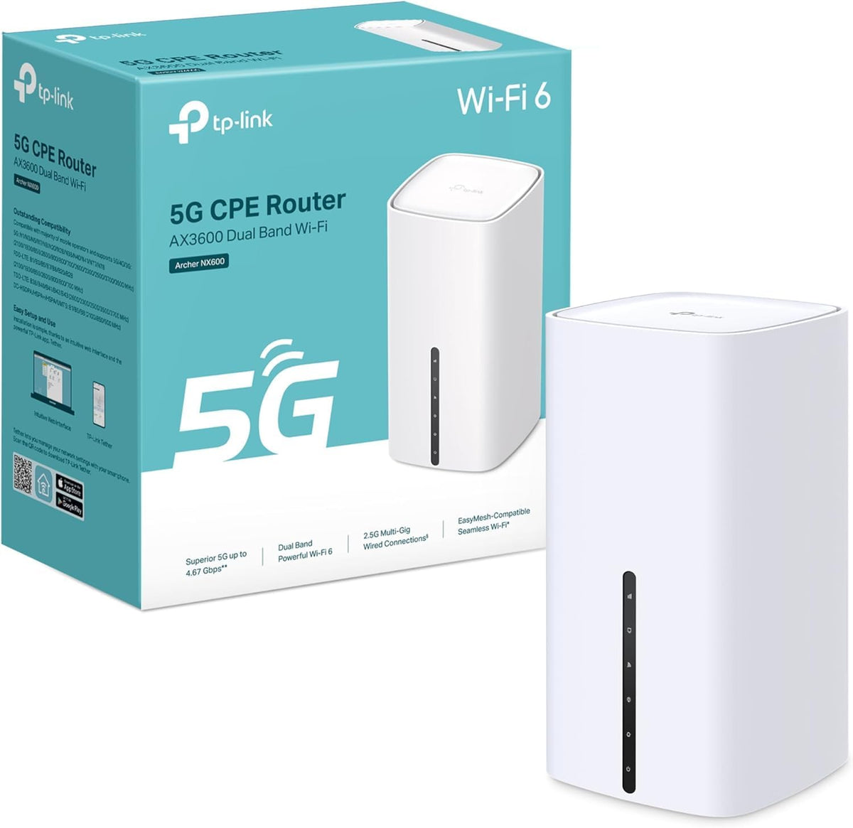 TP-Link Archer NX600 Routeur Wi-Fi 5G LTE, carte SIM 5G, AX3600 double bande Wi-Fi 6, 1 port 2,5 G + 2 ports 1G, gestion Web et application, plug and play(Blanc)