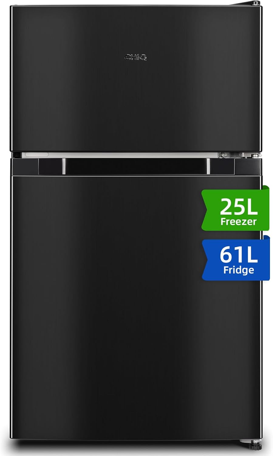 CHIQ Réfrigérateur congélateur en haut Réfrigérateur congélateur - 86 L (61/25L) - Portes réversibles, Congélateur 4 étoiles, Machine à glaçons, Garantie compresseur 12 ans, Classe E(Noir)