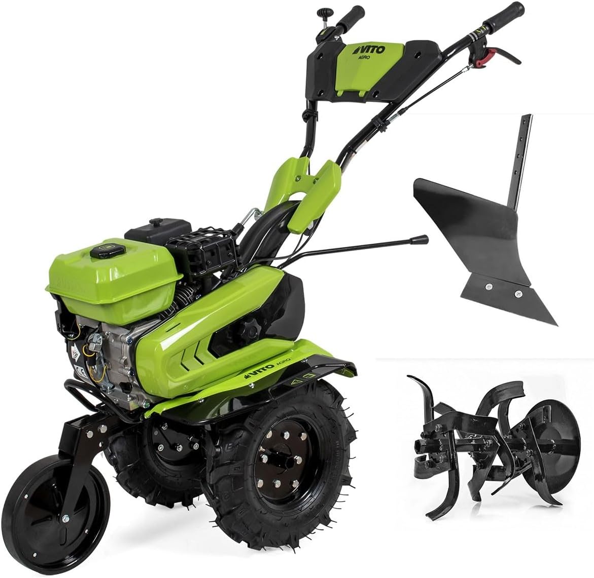 VITO - Motoculteur Thermique à Essence 4 Temps 212 cm3 7CV Transmission Courroie Largeur 70-85cm Buteur + Fraises Idéal Jardin  Maraîchage(Vert/Noir)
