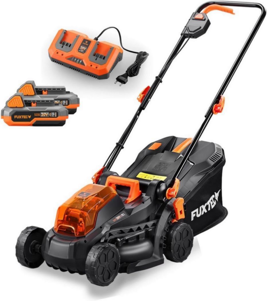 Tondeuse à gazon poussée FUXTEC FX-E1RM20 40 V (2 x 20 V) – Kit avec 2 batteries 2 Ah et chargeur double 2,4 A(33 cm - Sans batterie ni chargeur)
