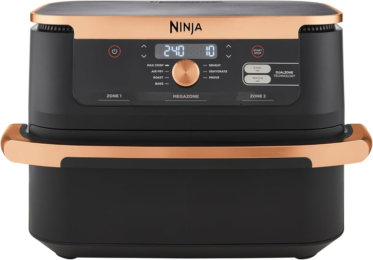 NINJA Foodi FlexDrawer Air Fryer, Dual Zone Avec Séparateur Amovible, Grand Tiroir de 10.4 L, 7-en-1, Double Zone, Pièces Antiadhésives Compatibles Au Lave-Vaisselle, Noir  Cuivre, AF500EUCP