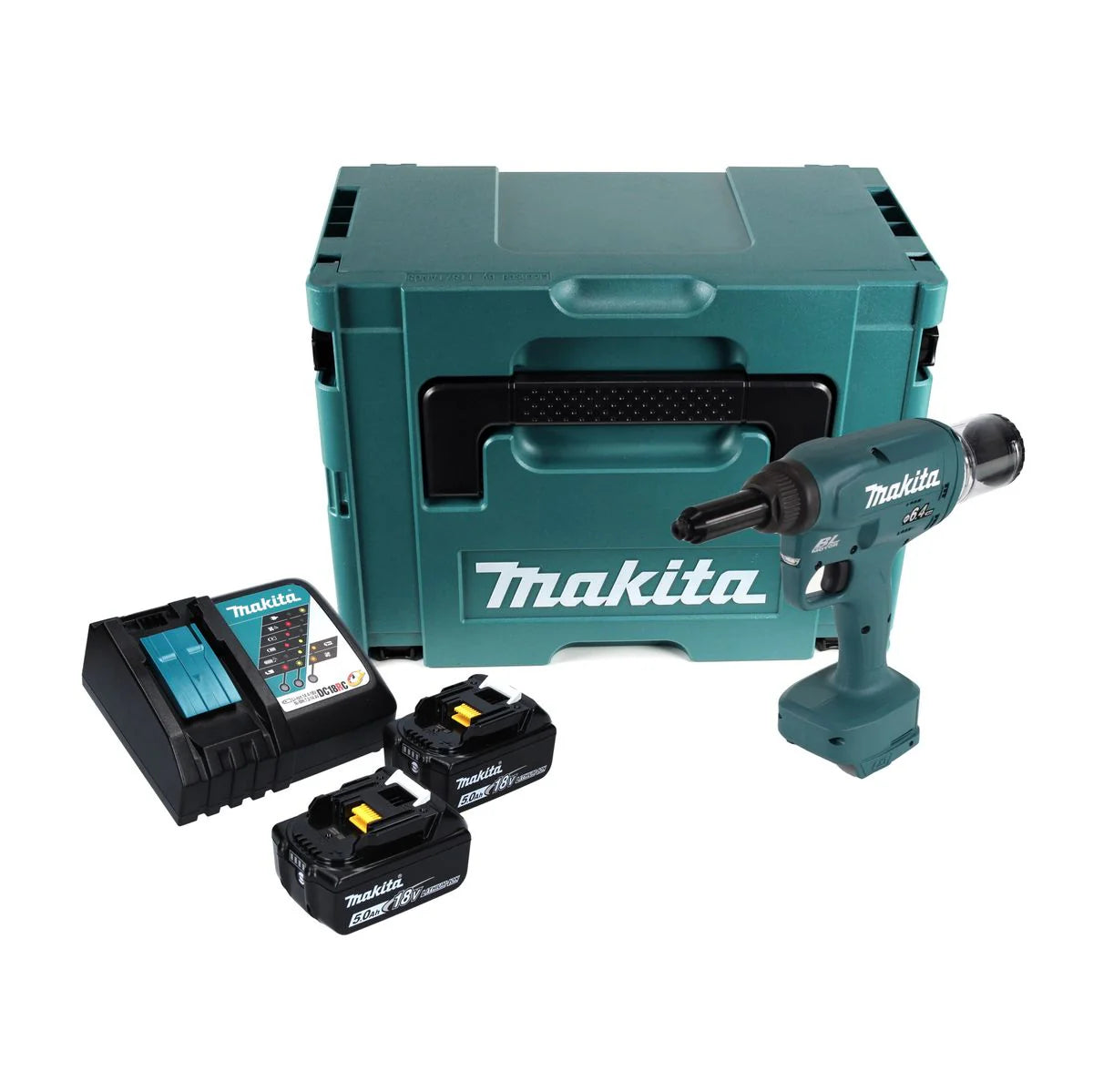 Makita DRV 250 RTJ Outil de pose de rivets aveugles sans fil 18 V 20 kN brushless + 2x Batteries 5.0 Ah + Chargeur + Makpac(défaut)