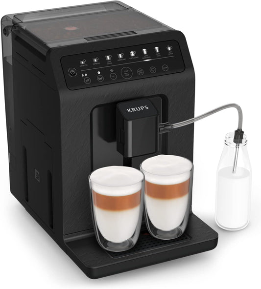 Krups Machine à café grains automatique, 2 boissons simultanées, 8 boissons préréglées, Entretien facile, Plastique recyclé et recyclable, Fabriqué en France, Evidence Eco-Design EA897B10