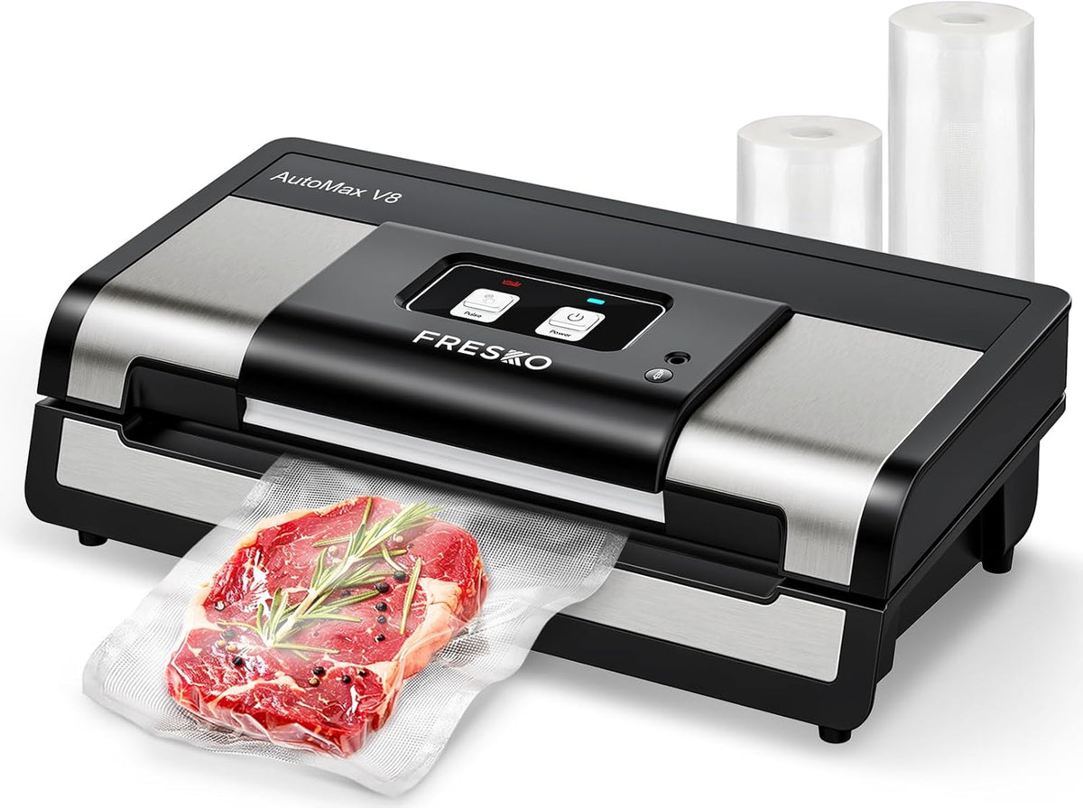 FRESKO Automatic Vacuum Sealer Machine, 140 Watts, Hands-Free Vacuum Machine, Dry/Wet Detection, 2 Roll Bag, Built-in Cutter and Bag Storage (AutoMax V8)(Argent)