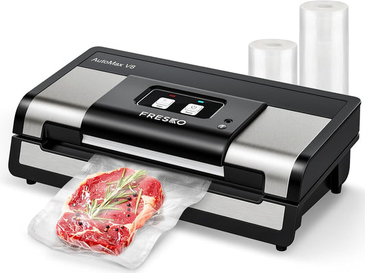FRESKO Automatic Vacuum Sealer Machine, 140 Watts, Hands-Free Vacuum Machine, Dry/Wet Detection, 2 Roll Bag, Built-in Cutter and Bag Storage (AutoMax V8)(Argent)