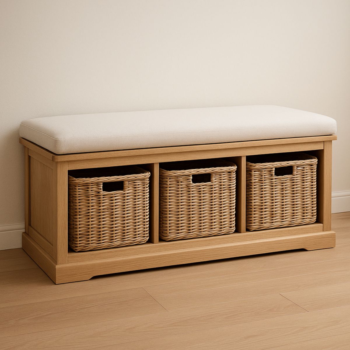 Banc de rangement en bois avec paniers en rotin beige 120x40x50 cm(Beige clair)
