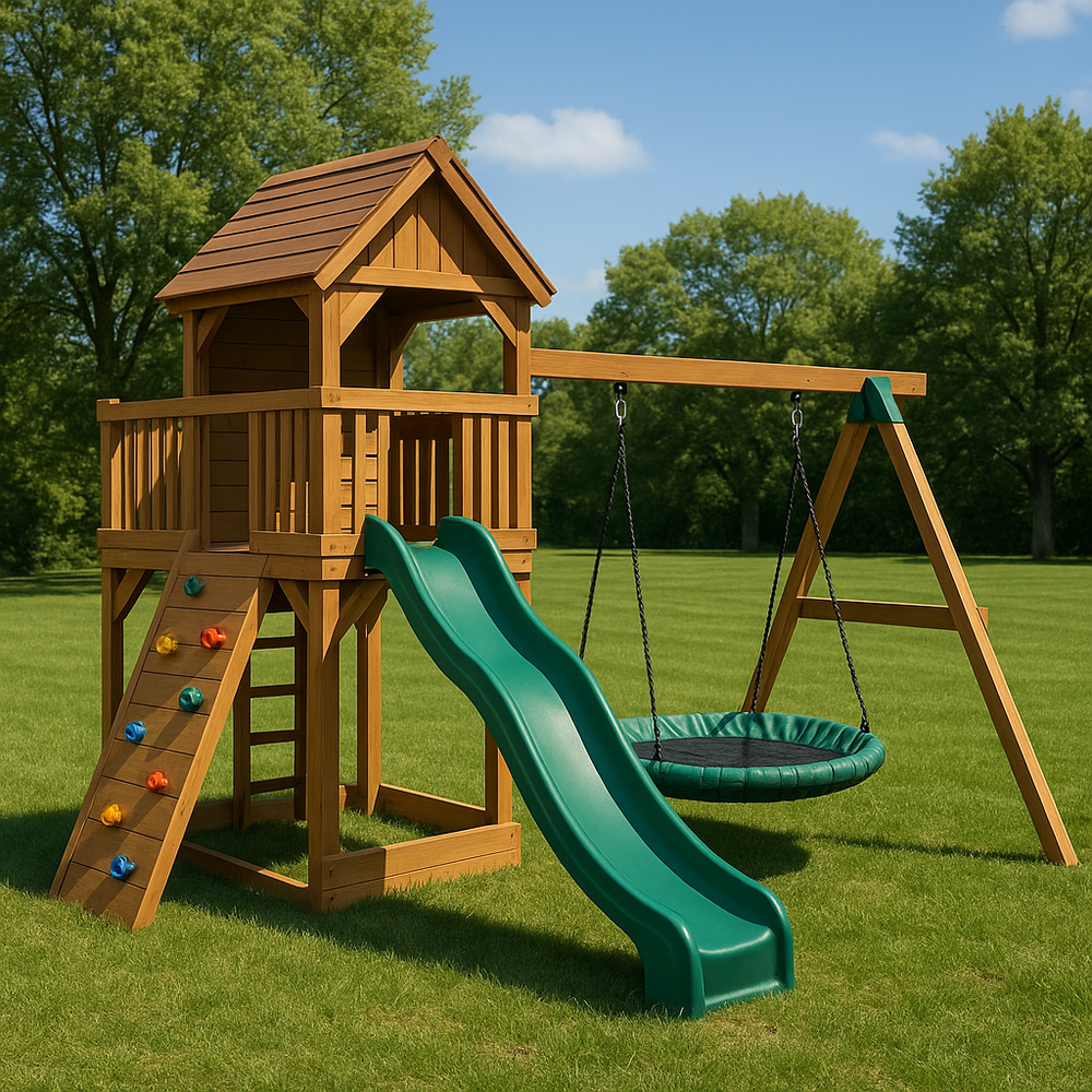 Aire de jeux enfant bois avec toboggan vert/balançoire(Bois/Vert)
